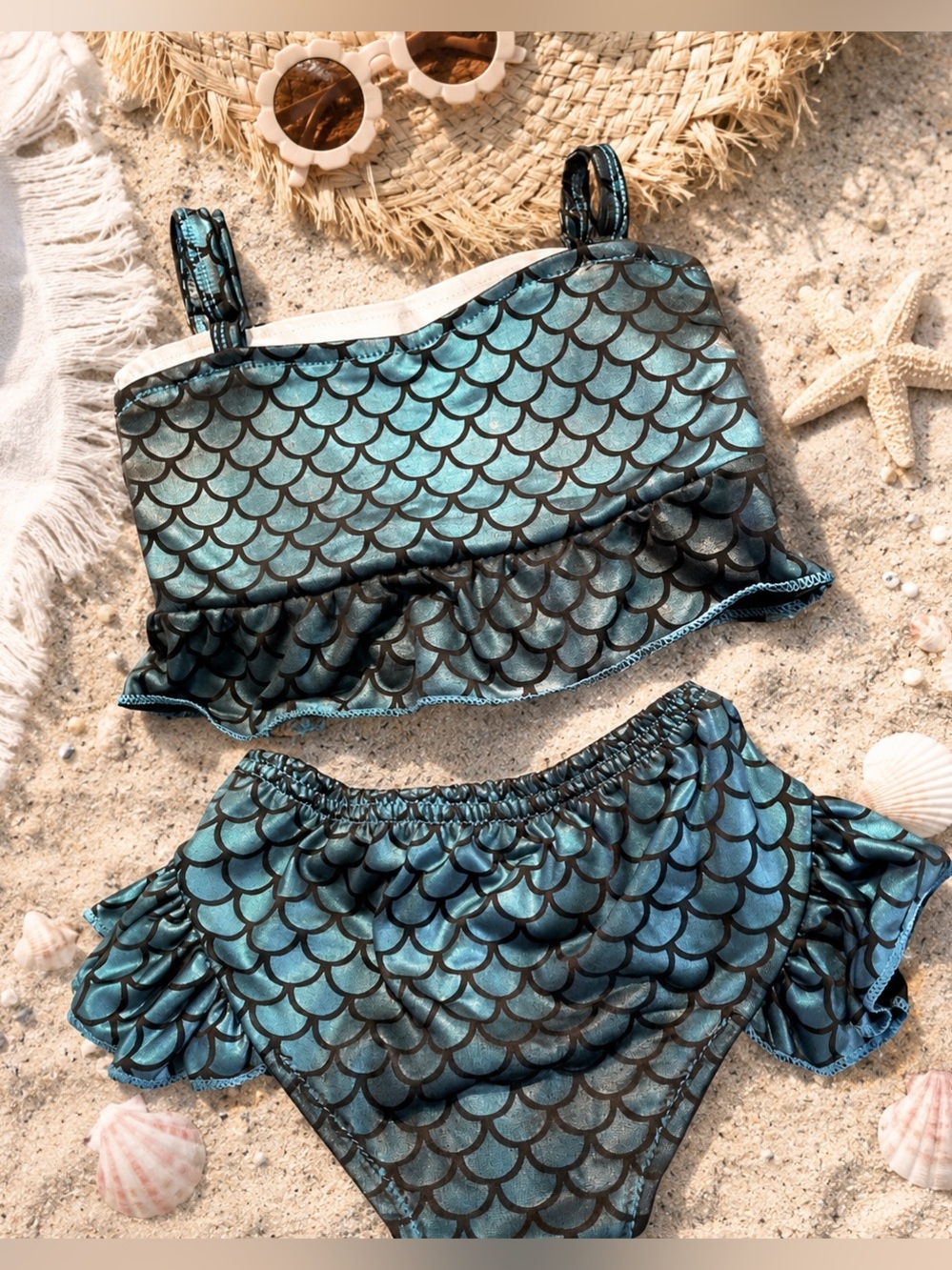 Baby 2 Piece Bikini Blue & Black mermaid design w ruffles so very Cute Size 2T 👙